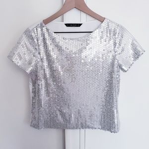 Zara Basic Sequin Front Cropped T-Shirt